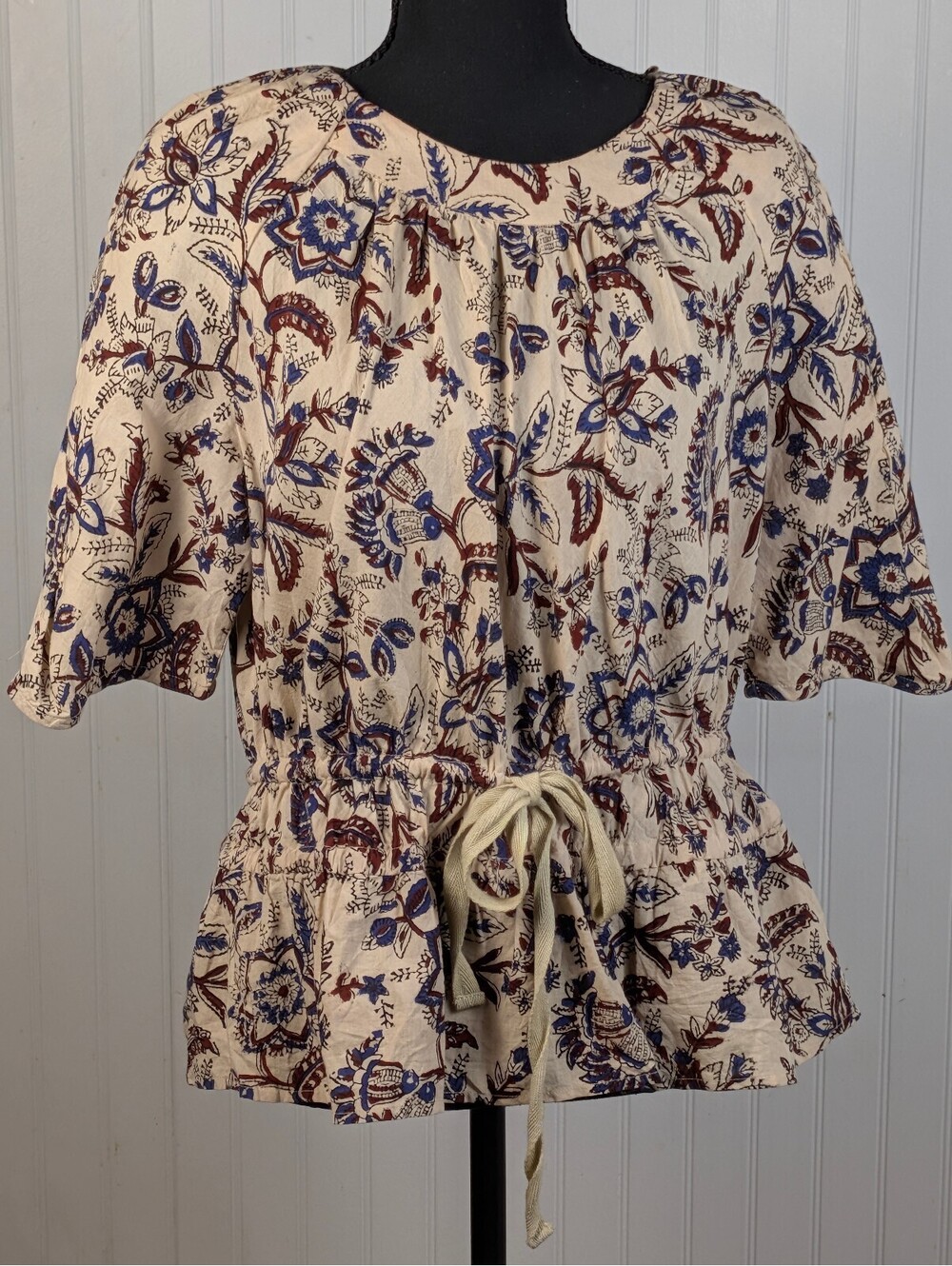 Anna Cate Women's Beige Floral Bohemian Blouse with Drawstring Waist and Peplum